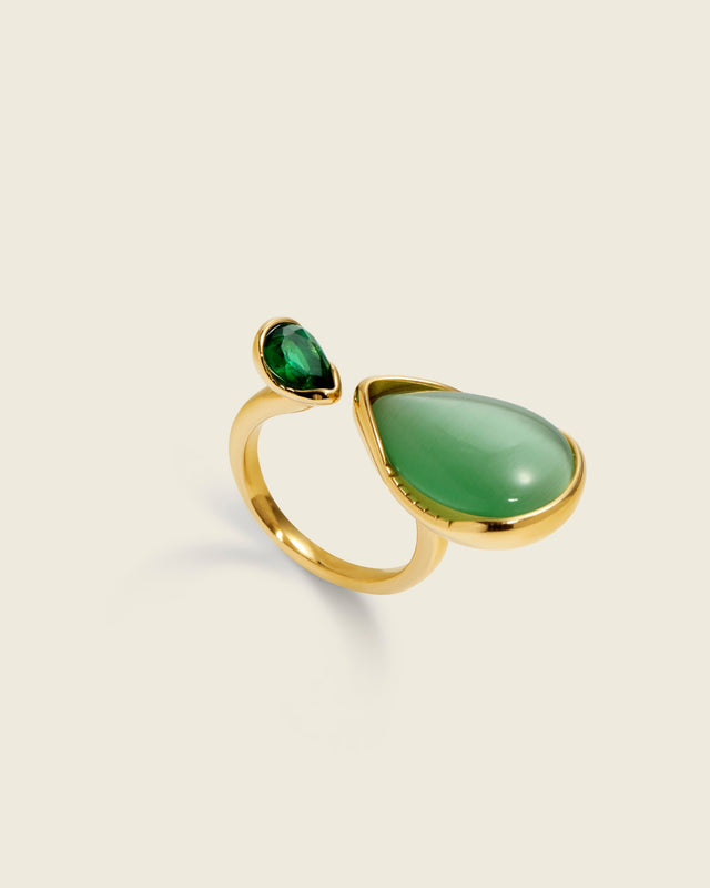 Dewdrops on Leaves | Green Cubic Zirconia 18ct PVD Gold-Plated Ring