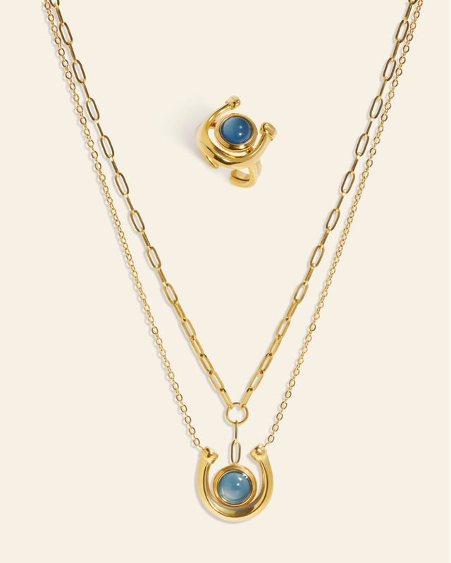 The Colour Of Tides Set | Blue Resin 18ct PVD Gold-Plated Necklace & Ring Set