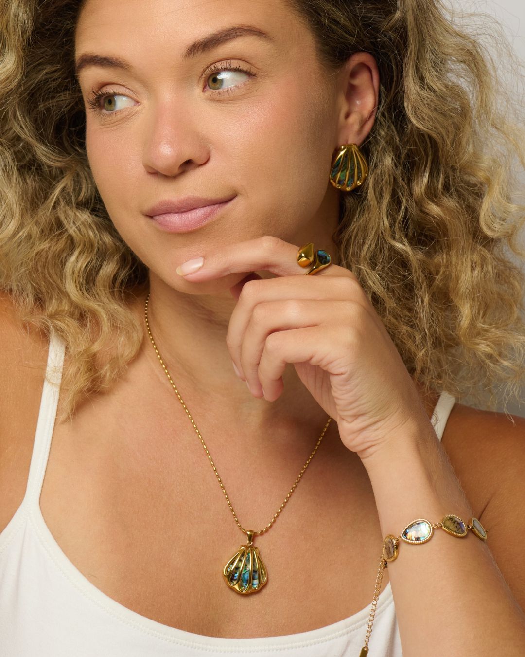 The Clamshell Set | Blue Mother of Pearl Shell 18ct PVD Gold-Plated Jewellery Set