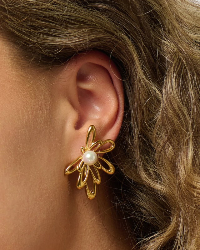 Petal & Pearl | Pearl 18ct PVD Gold-Plated Floral Earrings