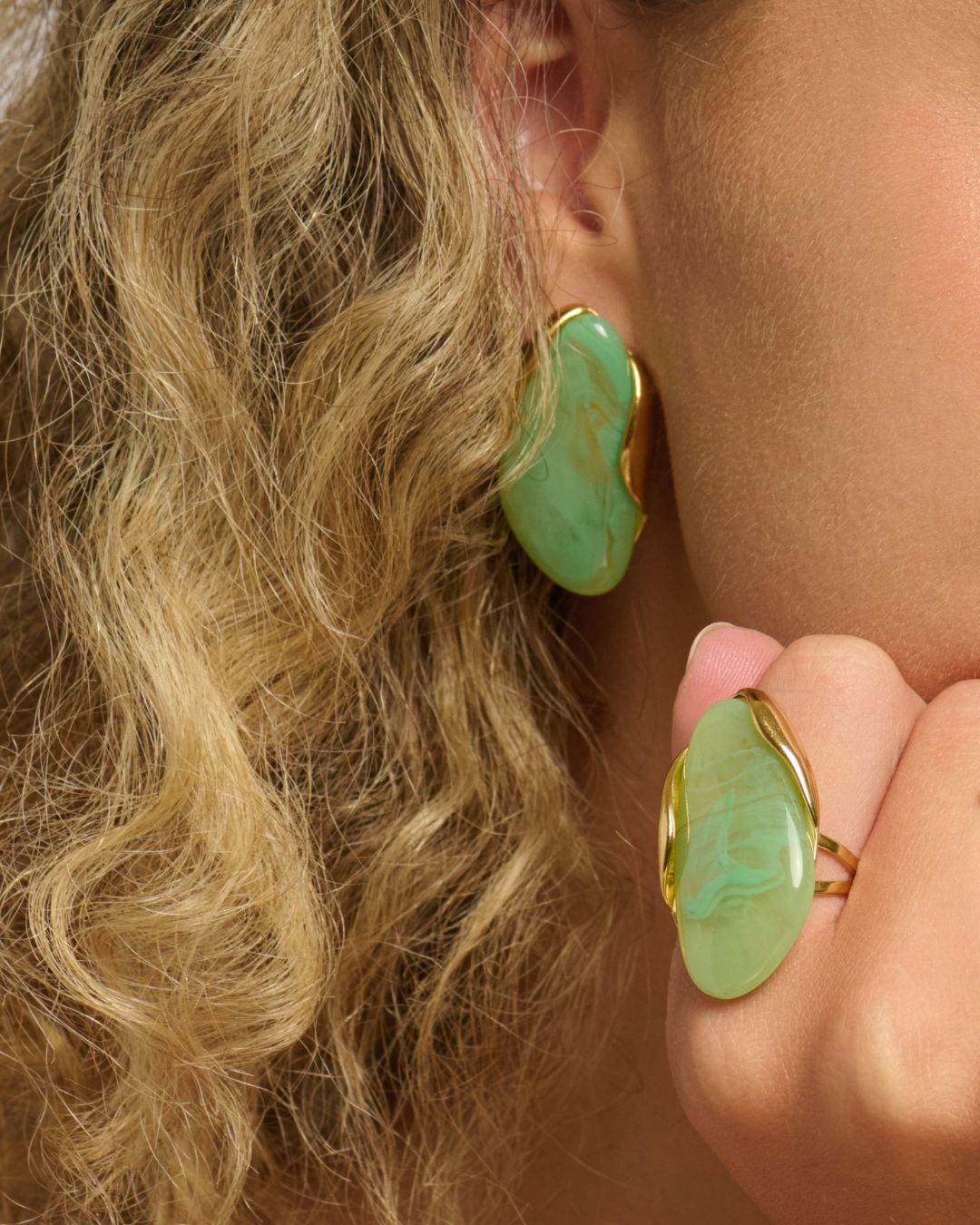 The Mosswater Set | Green Resin 18ct PVD Gold-Plated Jewellery Set