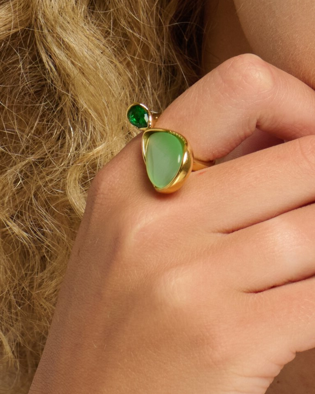 Dewdrops on Leaves | Green Cubic Zirconia 18ct PVD Gold-Plated Ring
